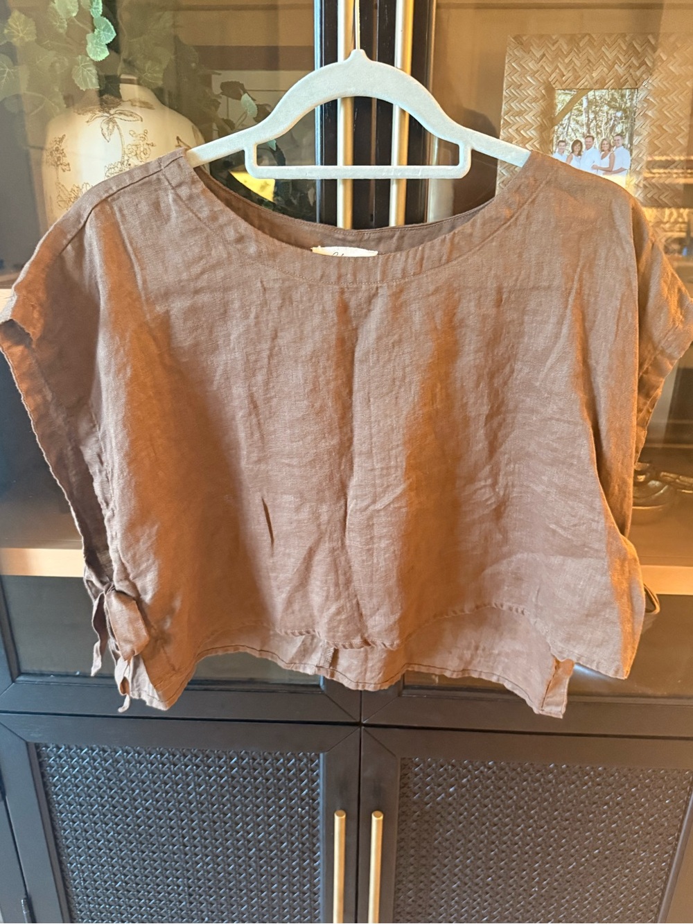 Elan Cropped Linen Tunic Top - Brown